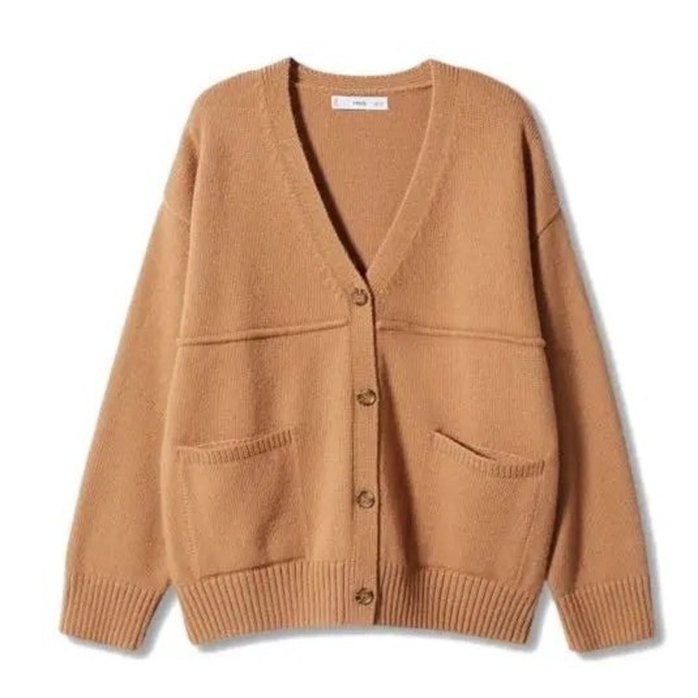 MNG Mango Patch Pocket v Neck Cardigan Caramel Brown Wool Blend Large